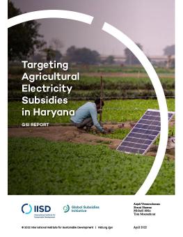 Targeting Agricultural Electricity Subsidies in Haryana, India report cover showing local grower utilizing solar panel for electricity.